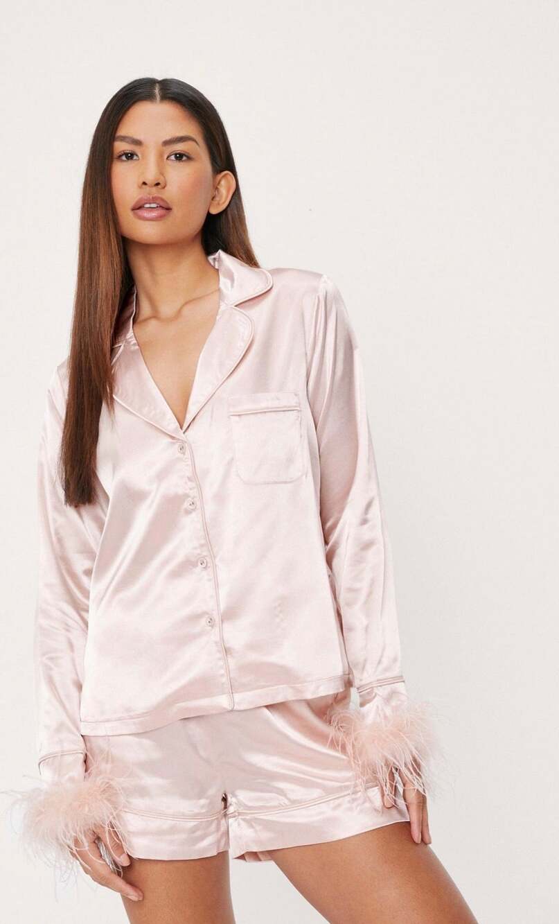 Nasty Gal Satin Feather Pajama Set Pink